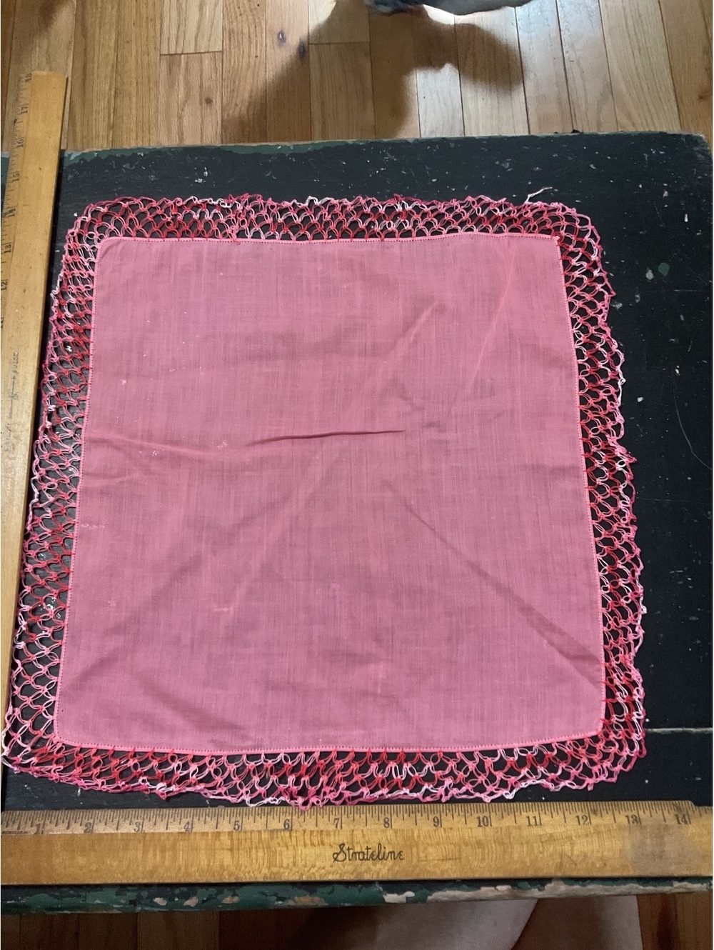 Vintage Pink Handkerchief with Crochet Lace Edge